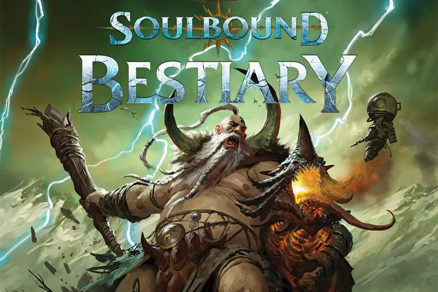 Cover of Age of Sigmar Soulbound Bestiary. A Mega-Gargant factes off against an Ancient Magmadroth.