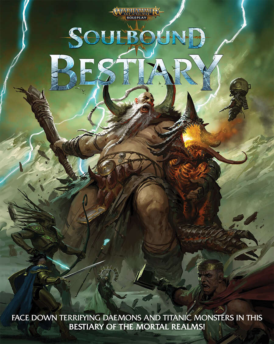 Cover of AoS Soulbound Bestiary. A Mega-Gargant fights an Ancient Magmadoth, as a group of heroes look on and try not to be crushed.