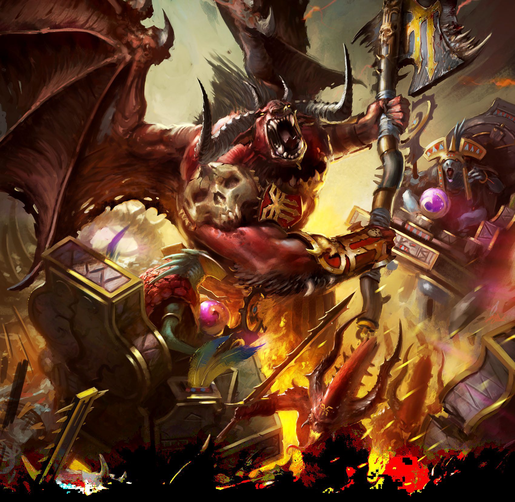 Age of Sigmar Soulbound Bestiary: A Menagerie of the Weird and Wonderful 2 A large winged demon called a Bloodthirster smashes a Seraphon building to pieces as the lizard-folk look on in dismay.