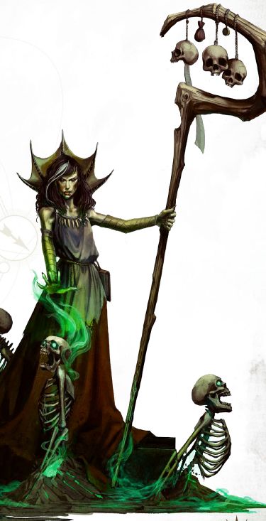 A necromancer raises a group of skeletons out of the ground around her.