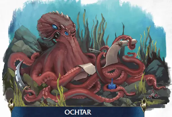 An octopus-like creature holds a scroll in its tentacles while using another of its limbs to write something on it. It holds a large knife in one of its remaining appendiges.