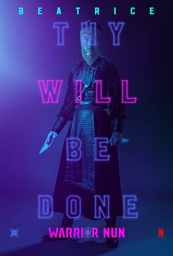 Promotional poster with Sister Beatrice with overlapping text that reads: Thy will be done.