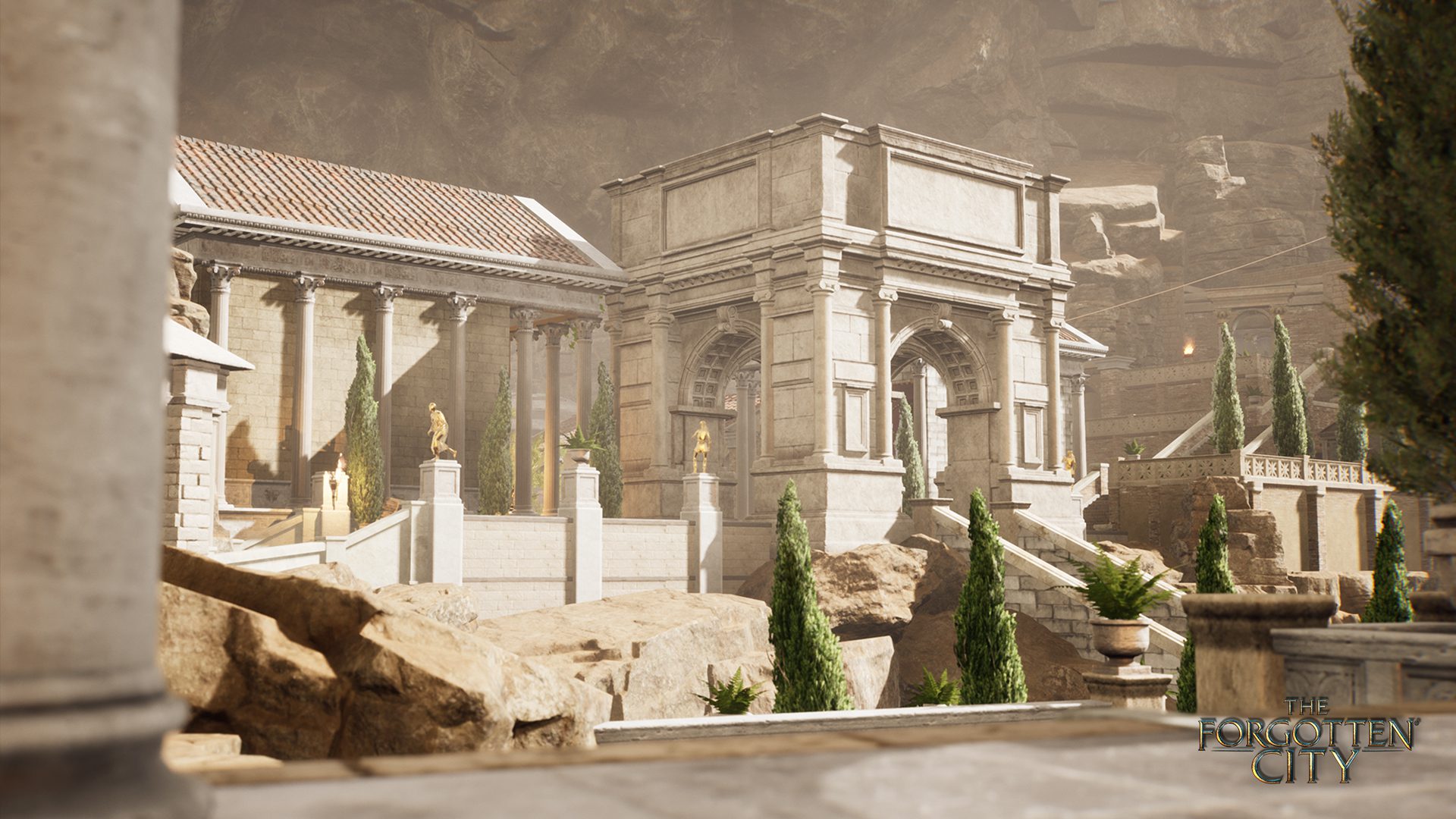 A screenshot from Forgotten City. A marble Roman villa in what appears to be the mid-afternoon sun.