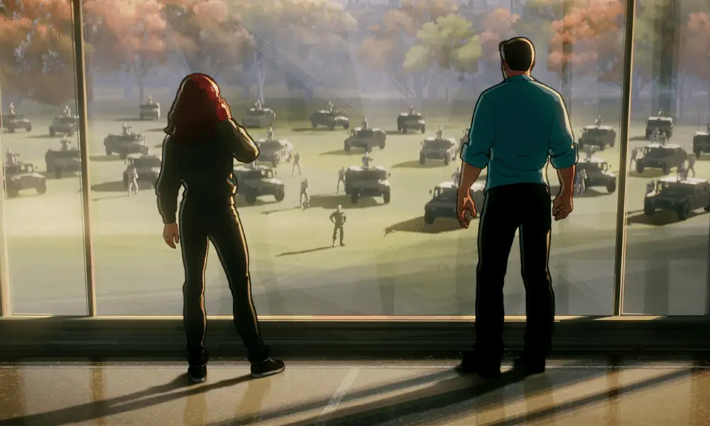 Natasha and Bruce look on as General Ross arrives with military backup