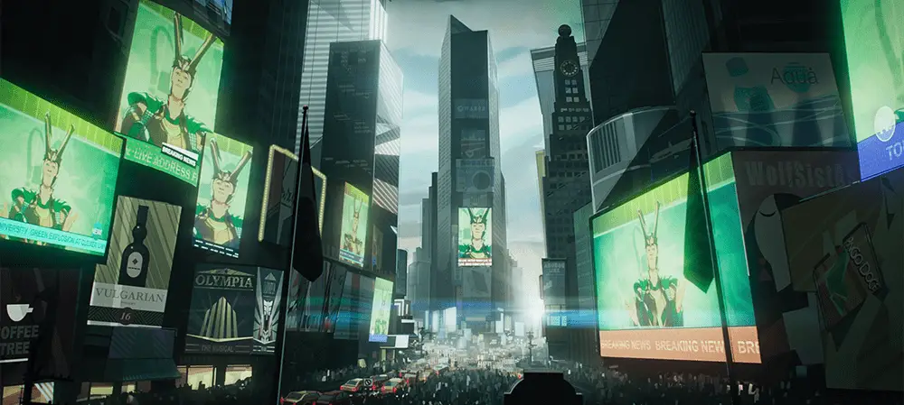 Loki's speech is broadcast in Times Square