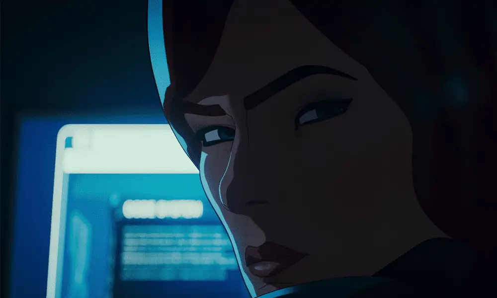 Natasha checks her surroundings while looking through S.H.I.E.L.D's database