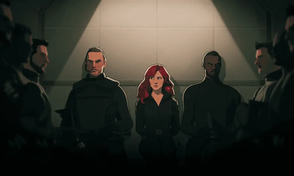 Natasha in S.H.I.E.L.D custody for the murder of Tony Stark in S01E03 of What If ...?