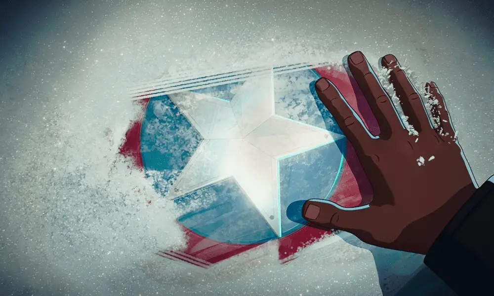 Nick Fury wipes away ice to reveal Captain America's shield