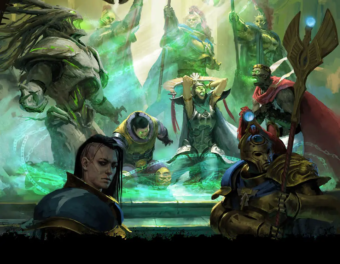An image of four people undergoing the binding process, surrounded by Stormcast Eternals.