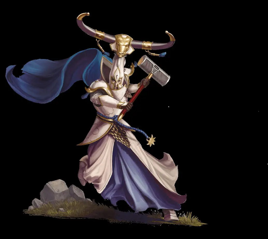Champions of Order Soulbound Unlocks Your Character's Full Potential 1 Image of an Alarith Stoneguard. A humanoid figure clad in white plate armour and wielding a large hammer. Their tall white helmet has a sculpted head of a bull on it, with two very large horns.