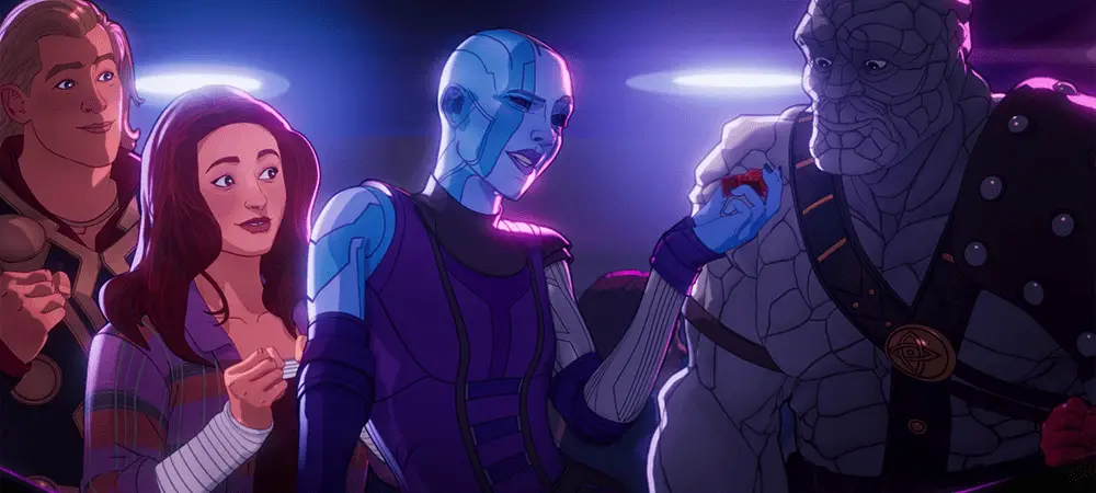 From left to right: Thor, Jane Foster, Nebula, and Korg in What If...? S01E07