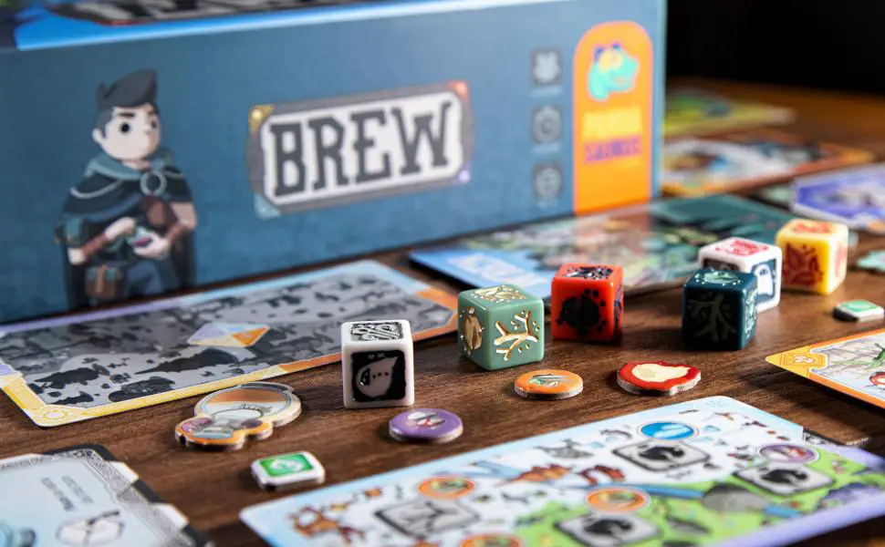 Brew dice, cards, and box