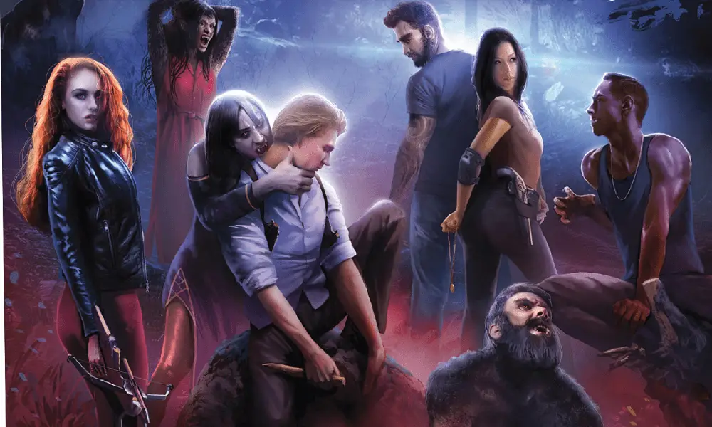 illustrated vampires, werewolves, and humans on fangs cover