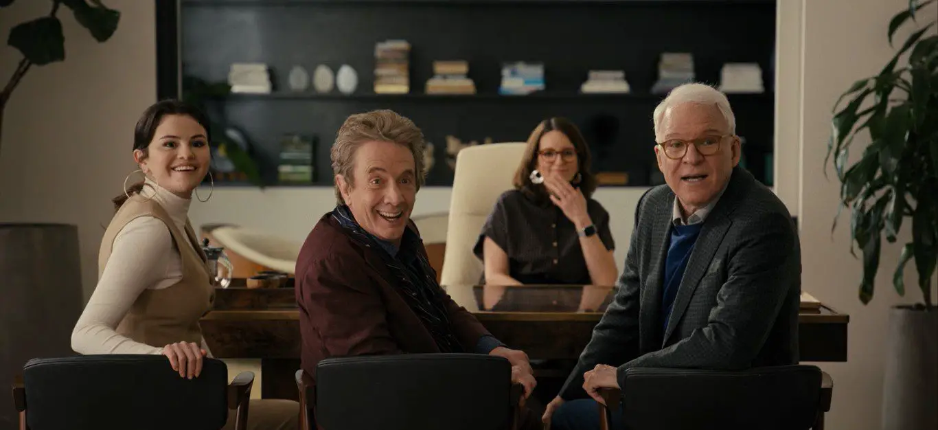  From Left to Right: Selena Gomez as Mabel Mora,  Martin Short as Oliver Putnam, Tina Fey as Cinda Canning, and  Steve Martin as Charles Hayden-Savage in Only Murders in the Building 