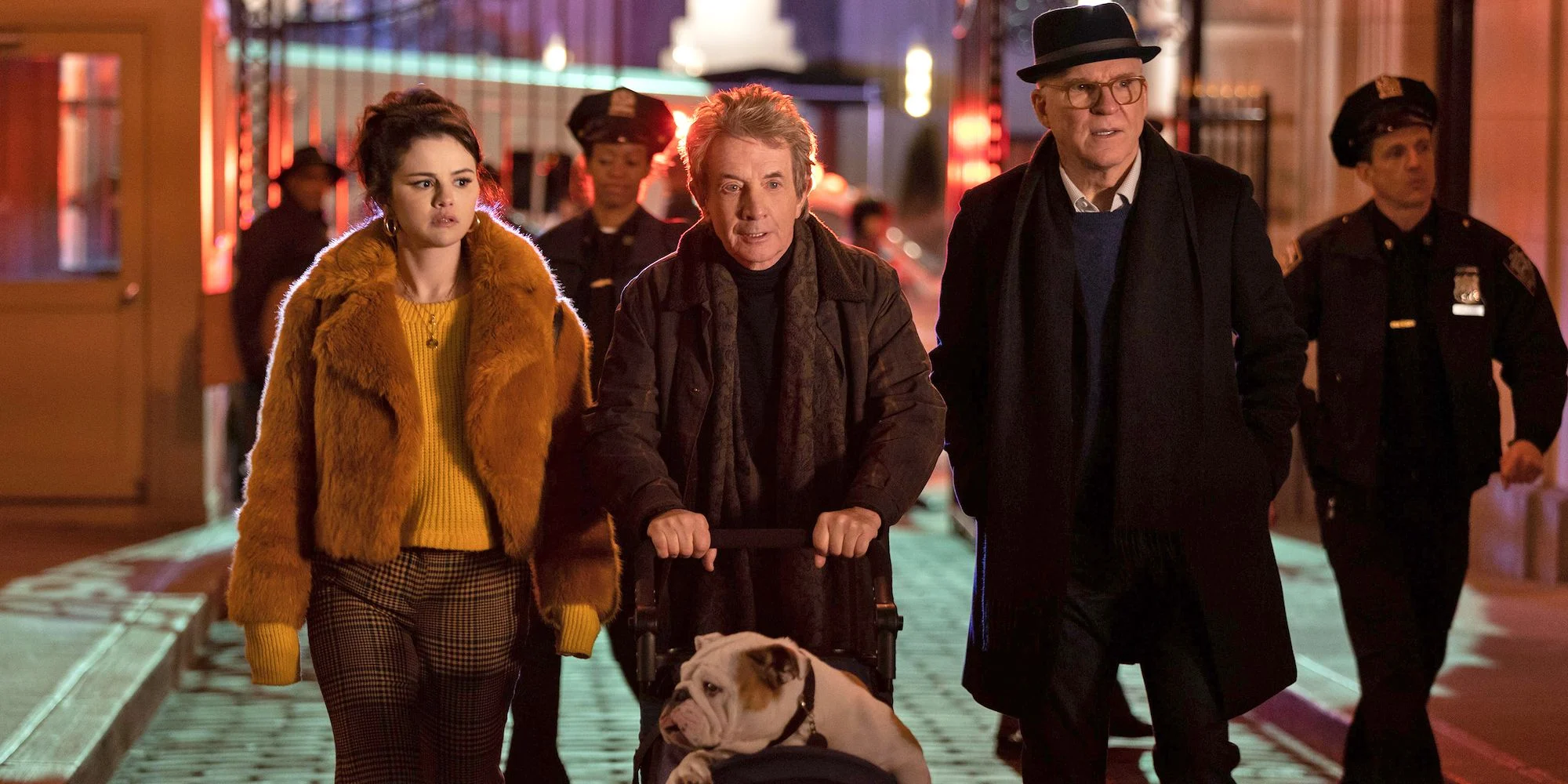  From Left to Right: Selena Gomez as Mabel Mora,  Martin Short as Oliver Putnam, and  Steve Martin as Charles Hayden-Savage  in Only Murders in the Building 