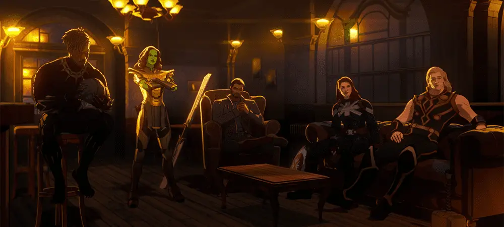 What If...?'s Season 1 Finale Tackles the Ultron Problem 1 From Left to Right: Killmonger, Gamora, Star-Lord T'Challa, Captain Carter, and Party Thor in What If...? S01E09