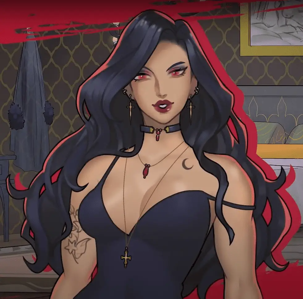 Vampiric Visual Novel First Bite Is Memorable And Sublime 2 valeria in her bedroom wearing a black dress