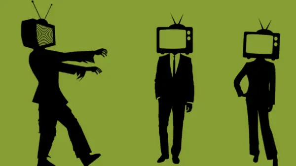 for broadcast three illustrated people with tvs for heads, and the one on the left is a zombie tv