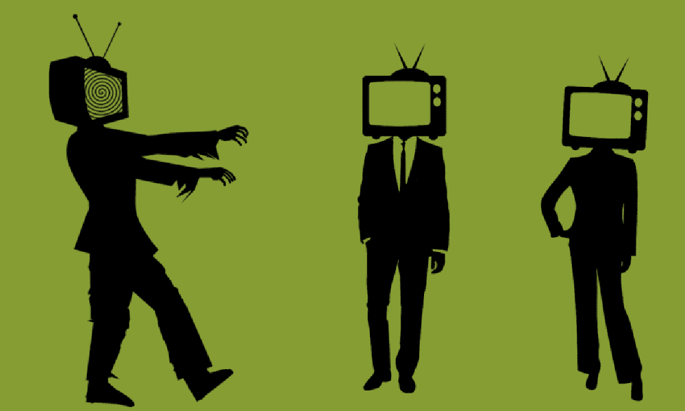 for broadcast three illustrated people with tvs for heads, and the one on the left is a zombie tv