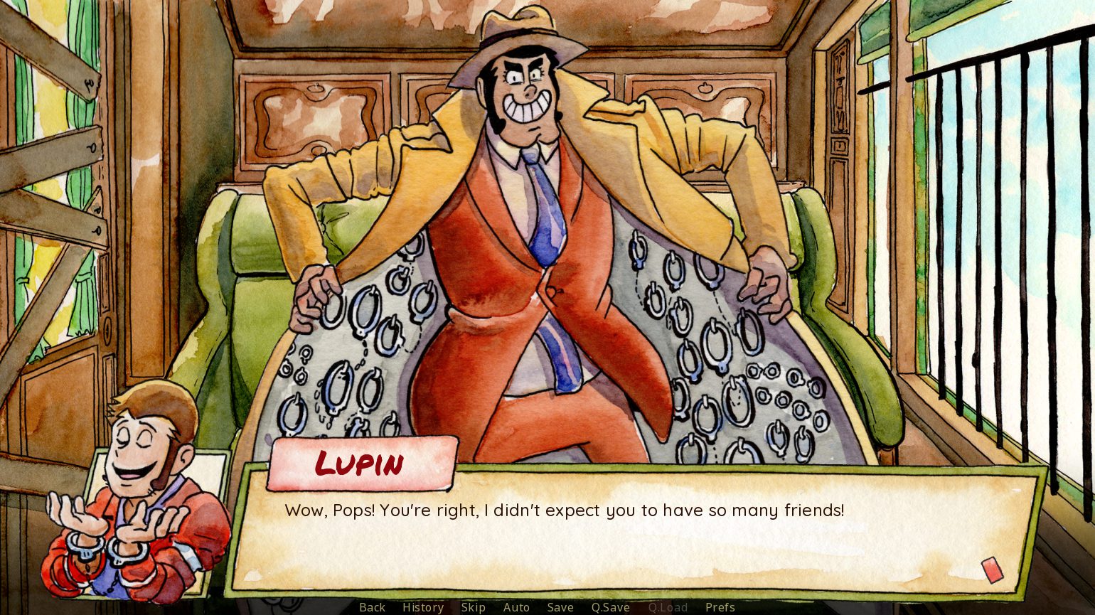 a watercolor painting of zenigata from is lupin still flirting visual novels looking at the player