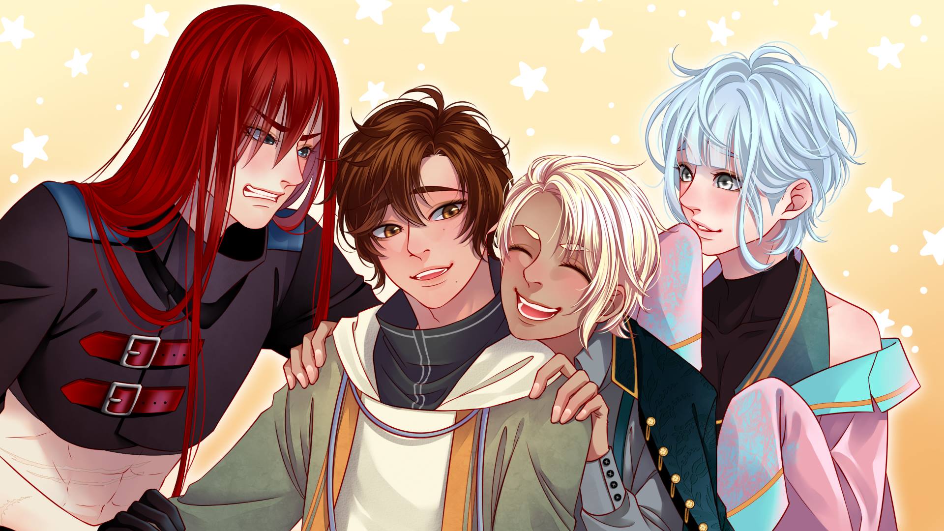 Illustrated characters, Leos with red hair looking at Raen. Cyne has his chin hooked over Raen's shoulder, and Faen is looking at all of them.