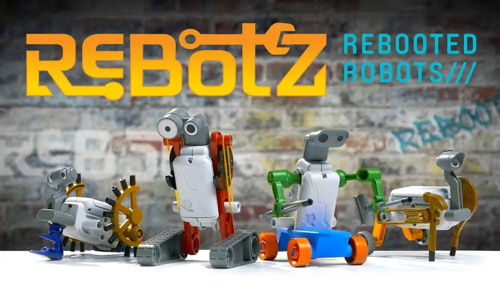 four ReBotz toys next to one another under the words ReBotz Rebooted Robots