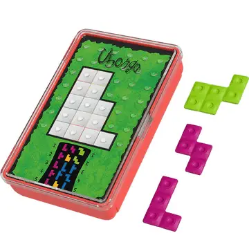 ubongo puzzle pieces next to the playing card inside the case