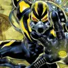 Close up of Sleeper Agent in black and yellow outfit, tubes protruding from his back, from the cover of Venom #11