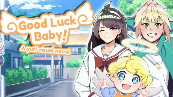 two young woman, a baby with wings and a halow, and the words Good Luck Baby!