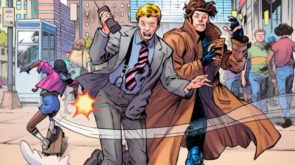 Gambit and a man are robbed by Ororo on a skateboard in image from GAMBIT #1