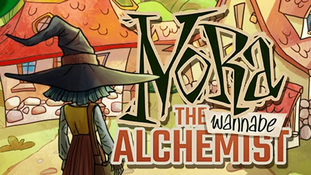 a witch facing her house, the words Nora The Wannabe Alchemist are on the right side of the image