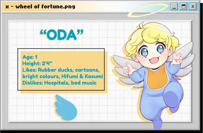 Oda, a baby with angel and halo in anime illustration from Good luck baby