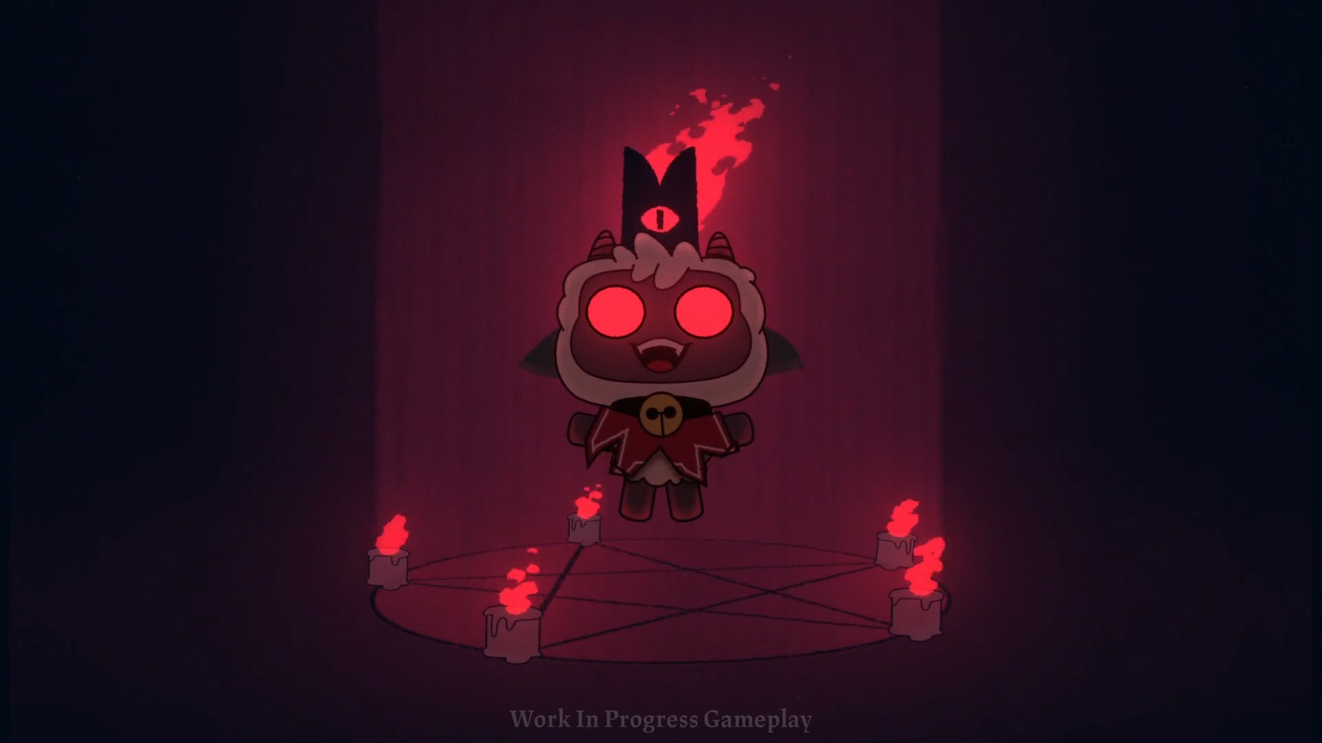 The main character of Cult of the Lamb, Lambert ; a lamb wearing a red cloak fastened with a bell at the collar. He is wearing a two-pronged crown on his head as he is being lifted in the air. He is above a pentagram with a lit candle on each of the five points
