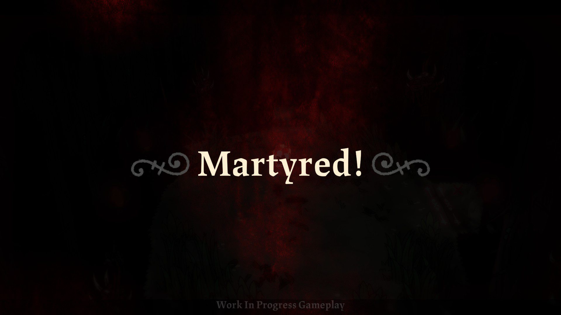 Game over screen from Cult of the Lamb demo, to display a gameplay element. The game over screen reads Martyred! with a red and black diffused colour background.