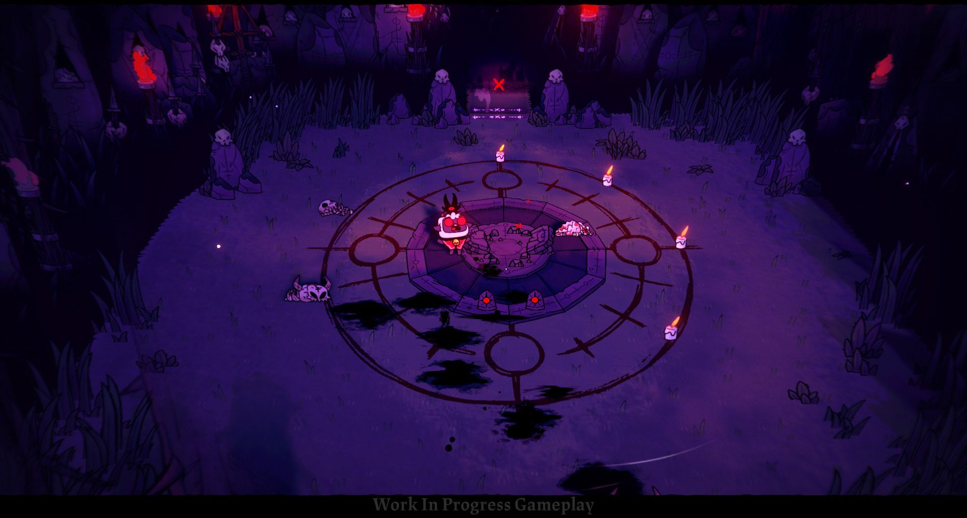 In-game image from the Cult of the Lamb demo, showcasing the purples and reds used in the colour grading of the game.