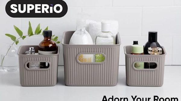 superio ribbed organizers with various bathroom products in them