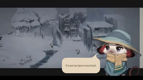 Beacon Pines Creative Director Matt Meyer on What's Next 2 a character telling another that it's not too late to turn back in Beacon Pines in a snowy area