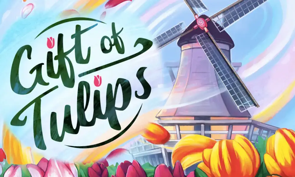 gift of tulips written in green font against illustrated tulips and windmill