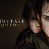 Image depicting the game title, A Plague Tale Requiem. Hugo is partially hiding behind Amicia to the right of the game title.