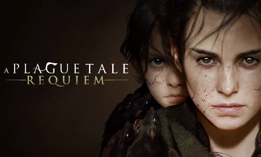 Image depicting the game title, A Plague Tale Requiem. Hugo is partially hiding behind Amicia to the right of the game title.