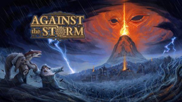 Image depicting the name of the game: Against the Storm. The title and logo is placed on artwork of a beaver and lizard pointing at a volcano in the Smoldering City.