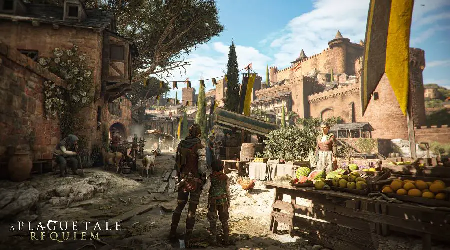 A Plague Tale: Requiem's Story Is Futile But Beautiful 2 Amicia and Hugo holding hands and facing a town in France.
