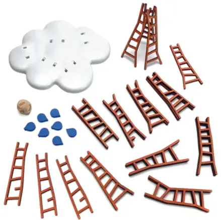 wooden ladders, a plastic cloud, blue wooden raindrops, and wooden die in catch the moon