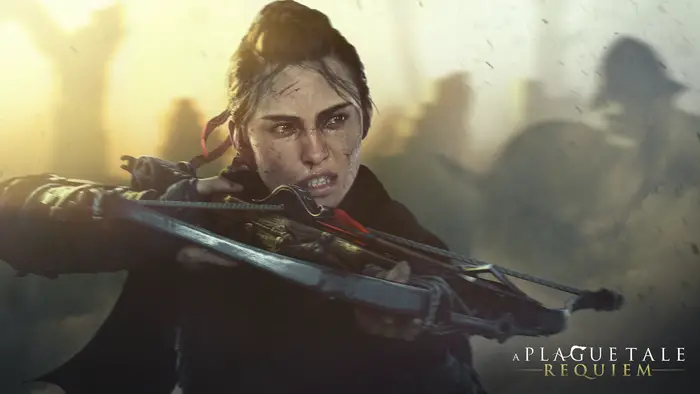 Image of Amicia grimacing and holding a crossbow close to her chest ready to shoot.
