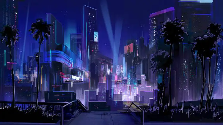 a love shore background at night of the city cyberpunk/noir feel