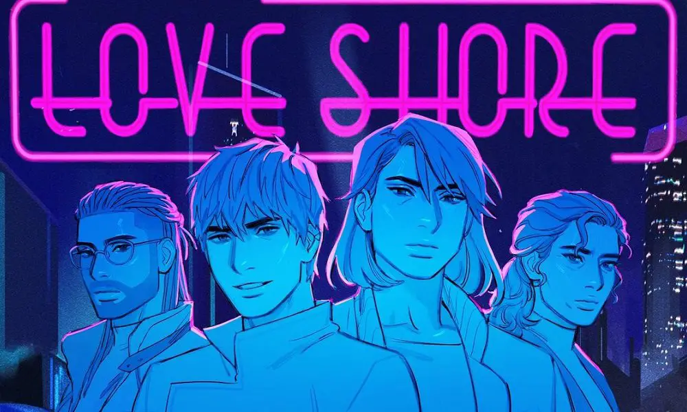 four characters in blue outline of love shore