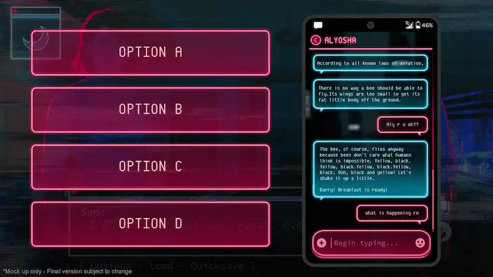 Love Shore Promises Cyberpunk Mystery and Warring Gods 2 a mockup of a text conversation in Love Shore