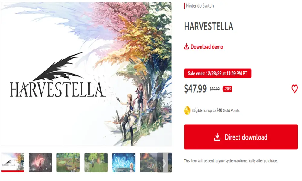 Image depicting the Harvestella game available on the Nintendo store. The game has a demo available and is currently on sale.