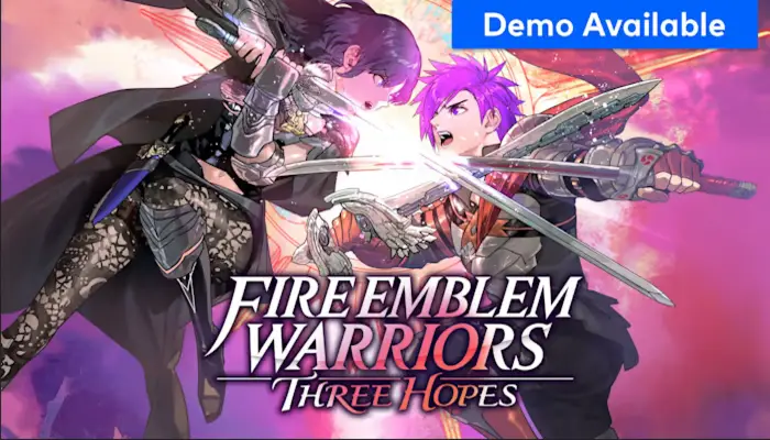 Fire Emblem Warriors: Three Hopes promotional image from the Nintendo store with the label, 'Demo Available'.