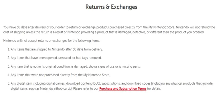 Image of the US Nintendo store refunds policy, outlining the terms and conditions.